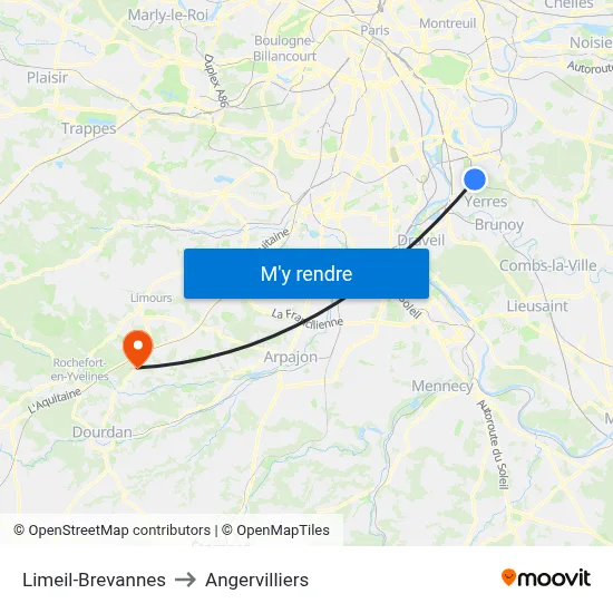 Limeil-Brevannes to Angervilliers map
