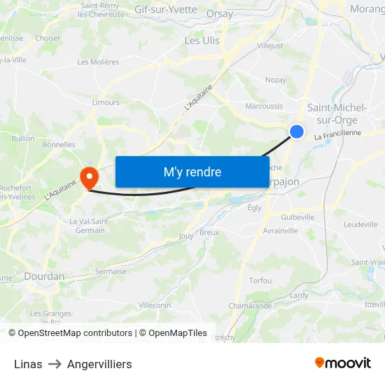 Linas to Angervilliers map