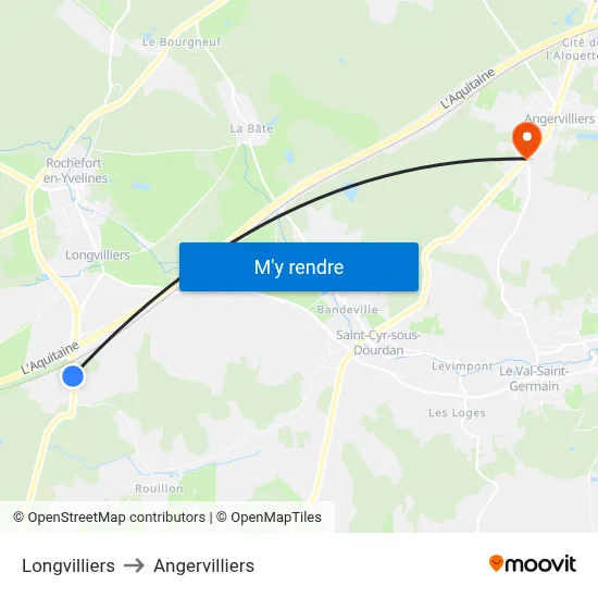 Longvilliers to Angervilliers map