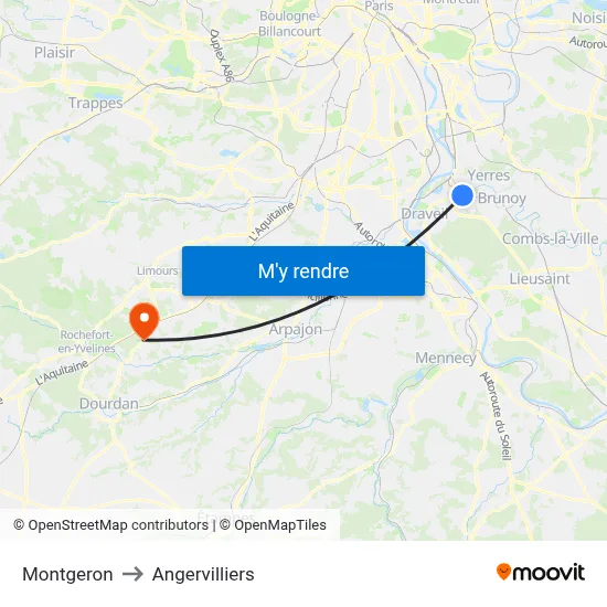 Montgeron to Angervilliers map