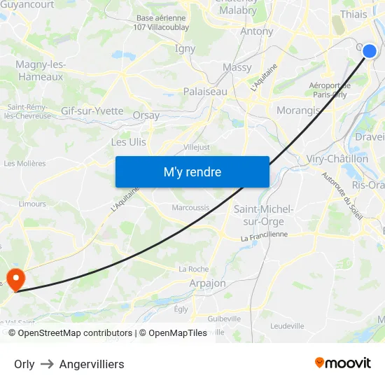 Orly to Angervilliers map