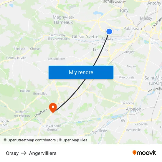 Orsay to Angervilliers map