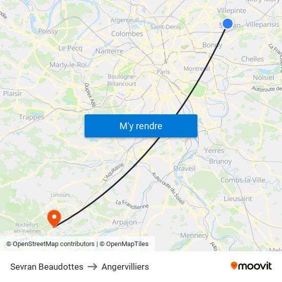 Sevran Beaudottes to Angervilliers map