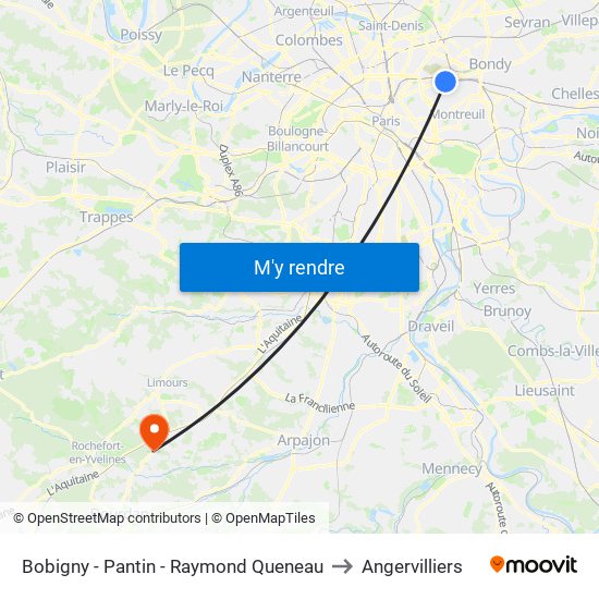 Bobigny - Pantin - Raymond Queneau to Angervilliers map