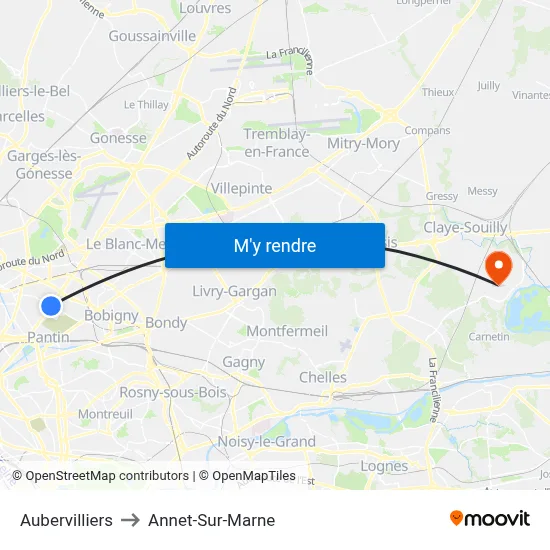 Aubervilliers to Annet-Sur-Marne map