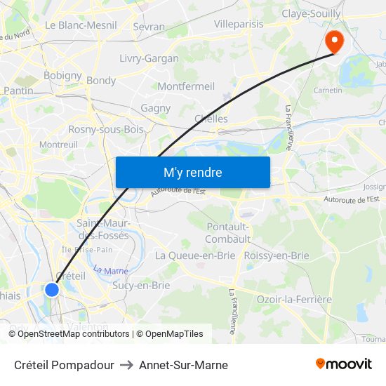 Créteil Pompadour to Annet-Sur-Marne map