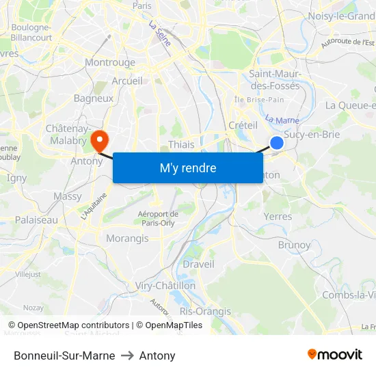 Bonneuil-Sur-Marne to Antony map