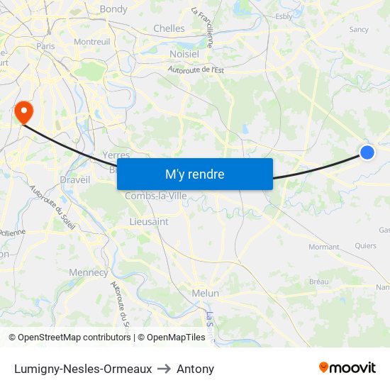 Lumigny-Nesles-Ormeaux to Antony map