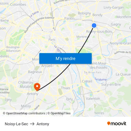 Noisy-Le-Sec to Antony map