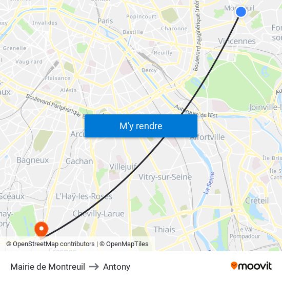 Mairie de Montreuil to Antony map