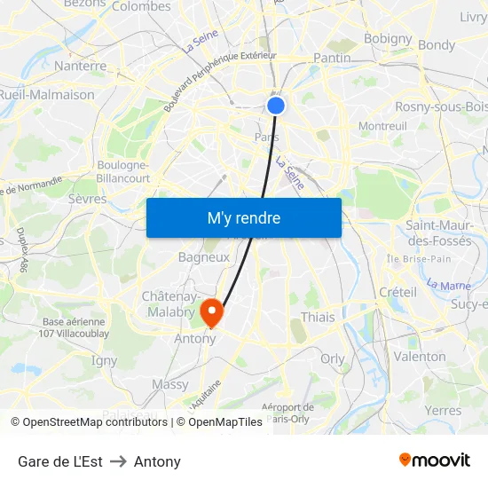 Gare de L'Est to Antony map