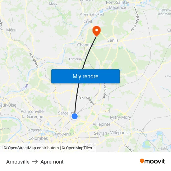 Arnouville to Apremont map