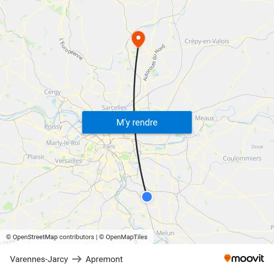 Varennes-Jarcy to Apremont map