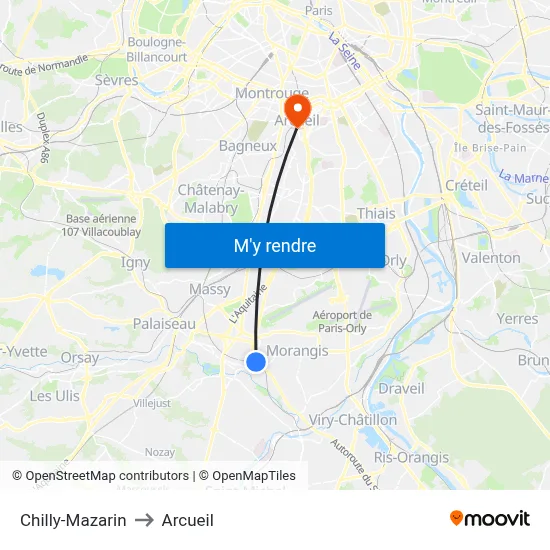 Chilly-Mazarin to Arcueil map