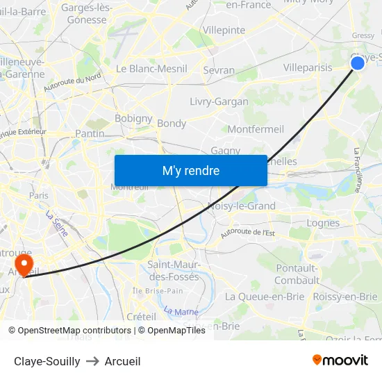 Claye-Souilly to Arcueil map