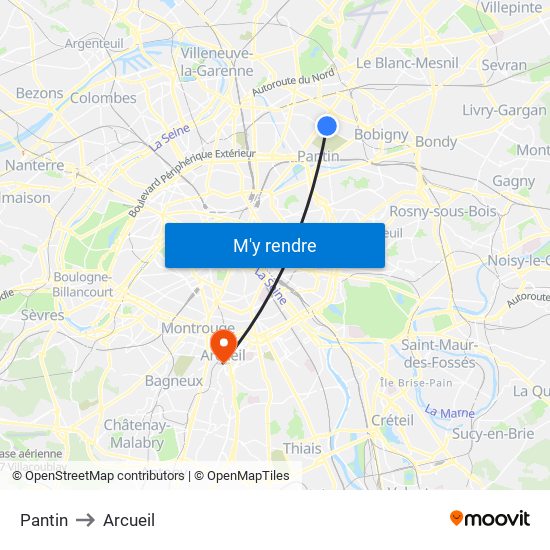 Pantin to Arcueil map