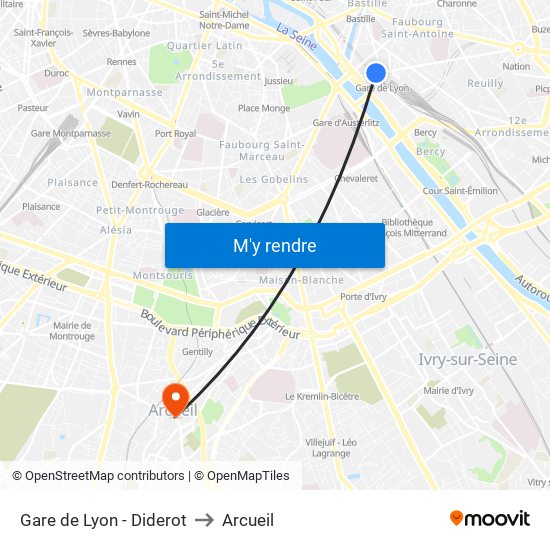 Gare de Lyon - Diderot to Arcueil map