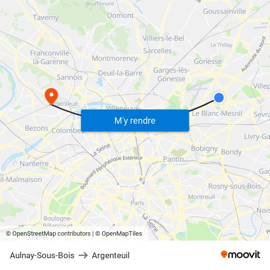 Aulnay-Sous-Bois to Argenteuil map