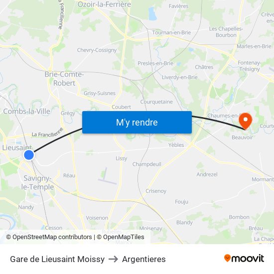 Gare de Lieusaint Moissy to Argentieres map
