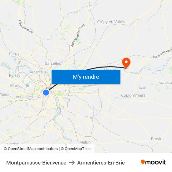 Montparnasse-Bienvenue to Armentieres-En-Brie map