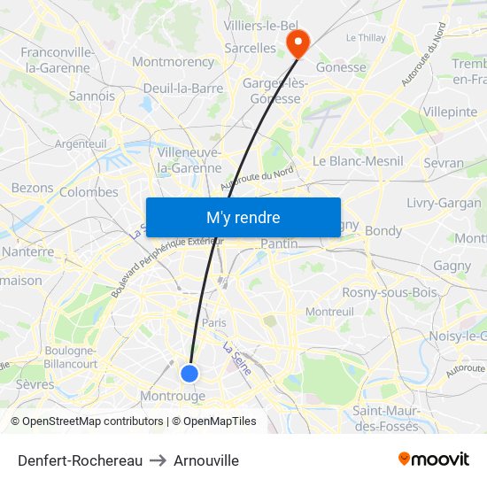 Denfert-Rochereau to Arnouville map