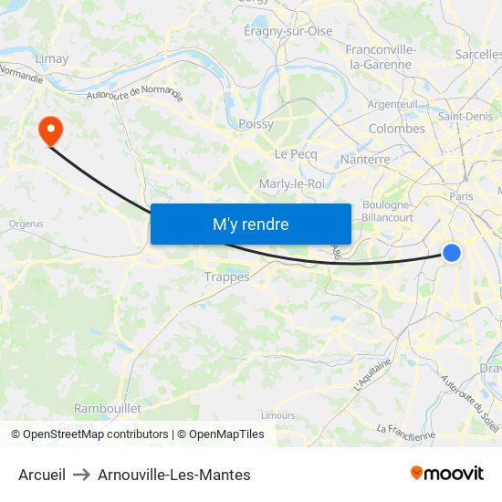 Arcueil to Arnouville-Les-Mantes map