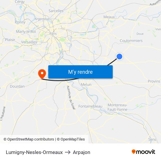 Lumigny-Nesles-Ormeaux to Arpajon map