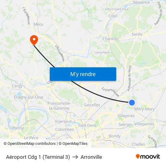 Aéroport Cdg 1 (Terminal 3) to Arronville map