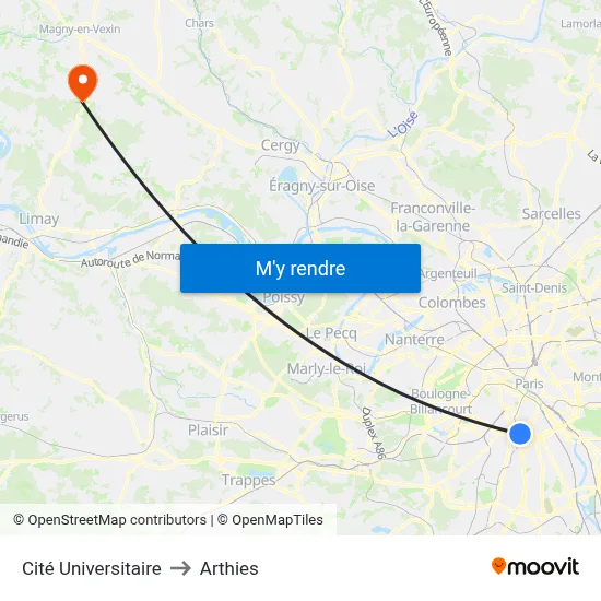 Cité Universitaire to Arthies map