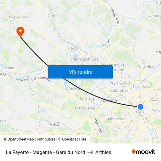 La Fayette - Magenta - Gare du Nord to Arthies map