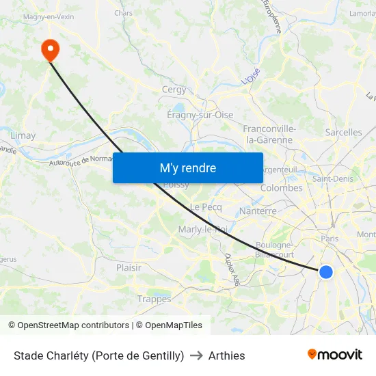 Stade Charléty (Porte de Gentilly) to Arthies map