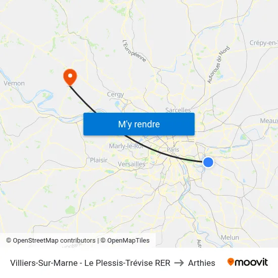 Villiers-Sur-Marne - Le Plessis-Trévise RER to Arthies map