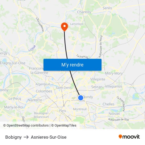 Bobigny to Asnieres-Sur-Oise map