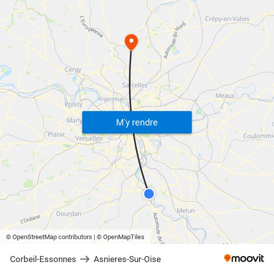 Corbeil-Essonnes to Asnieres-Sur-Oise map