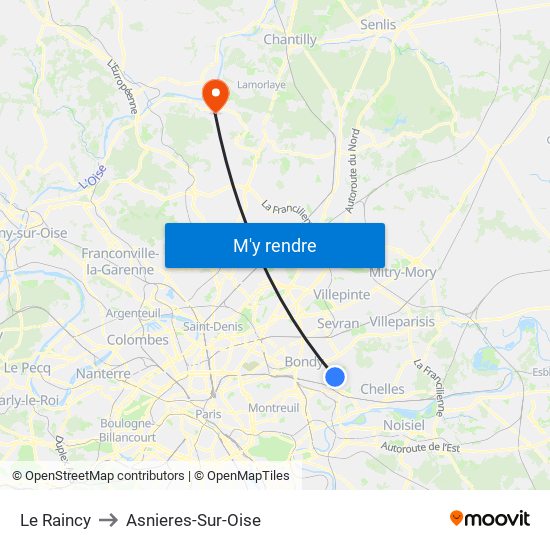 Le Raincy to Asnieres-Sur-Oise map