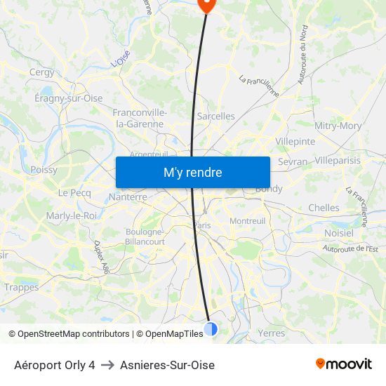 Aéroport Orly 4 to Asnieres-Sur-Oise map