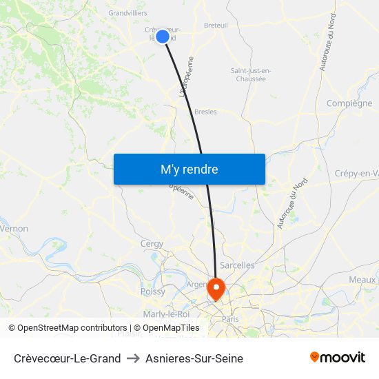 Crèvecœur-Le-Grand to Asnieres-Sur-Seine map