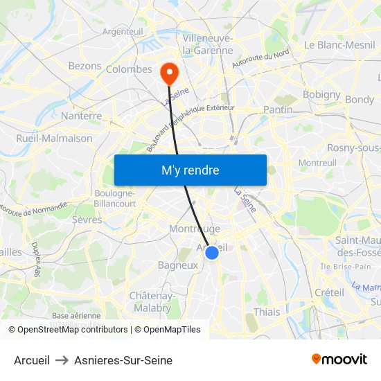 Arcueil to Asnieres-Sur-Seine map
