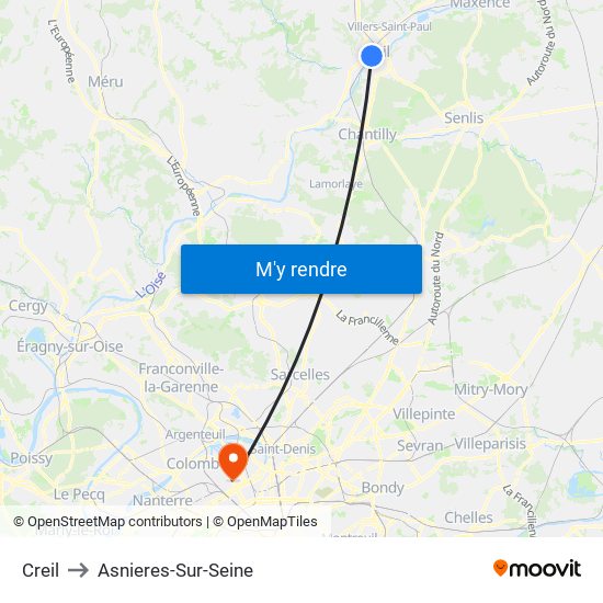 Creil to Asnieres-Sur-Seine map