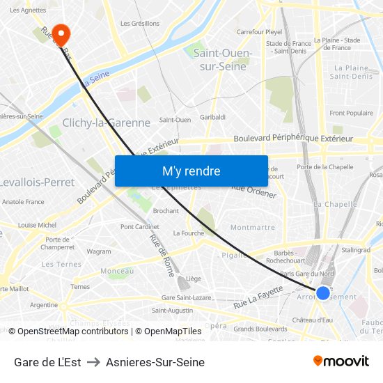 Gare de L'Est to Asnieres-Sur-Seine map