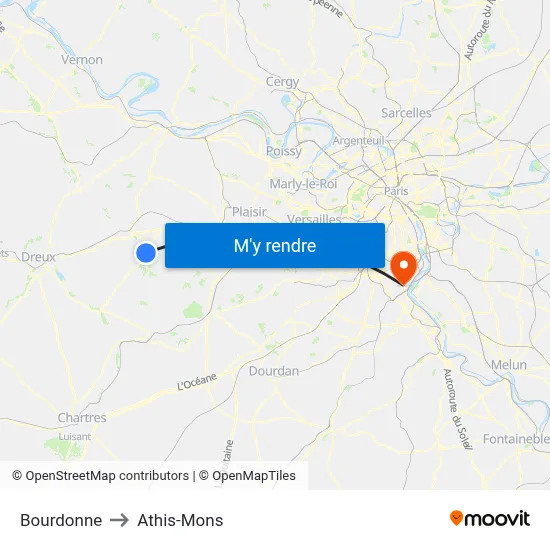 Bourdonne to Athis-Mons map