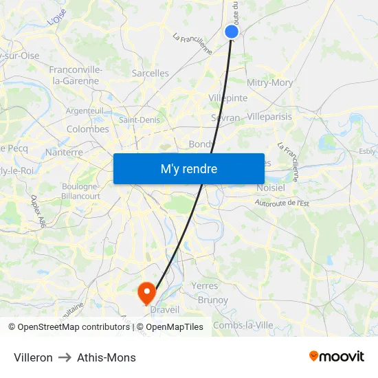 Villeron to Athis-Mons map