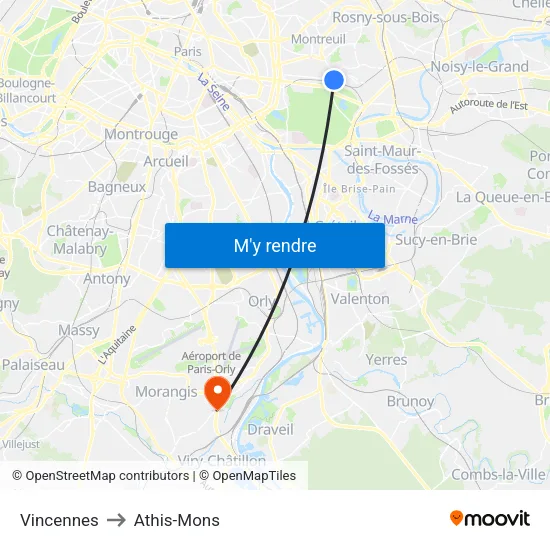Vincennes to Athis-Mons map
