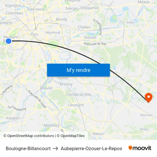 Boulogne-Billancourt to Aubepierre-Ozouer-Le-Repos map
