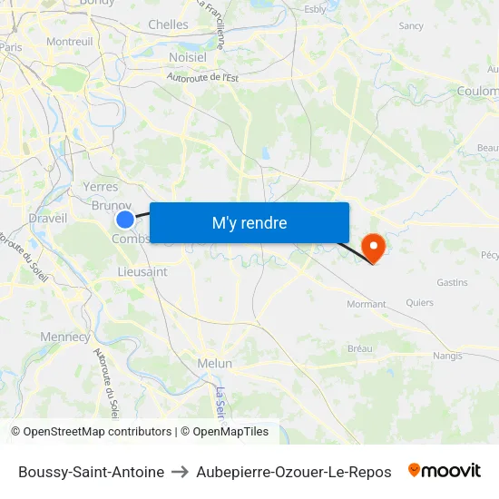 Boussy-Saint-Antoine to Aubepierre-Ozouer-Le-Repos map