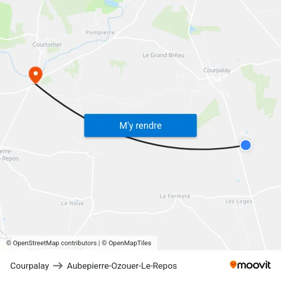 Courpalay to Aubepierre-Ozouer-Le-Repos map