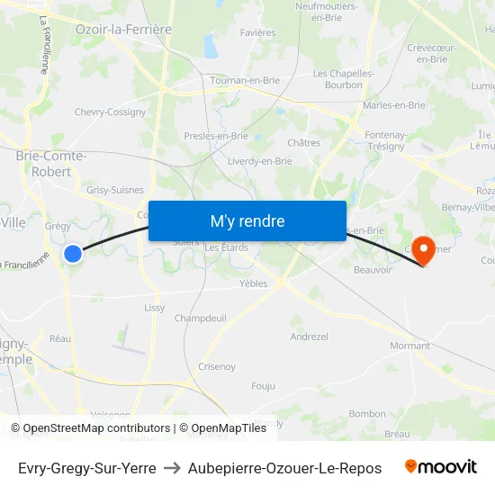 Evry-Gregy-Sur-Yerre to Aubepierre-Ozouer-Le-Repos map