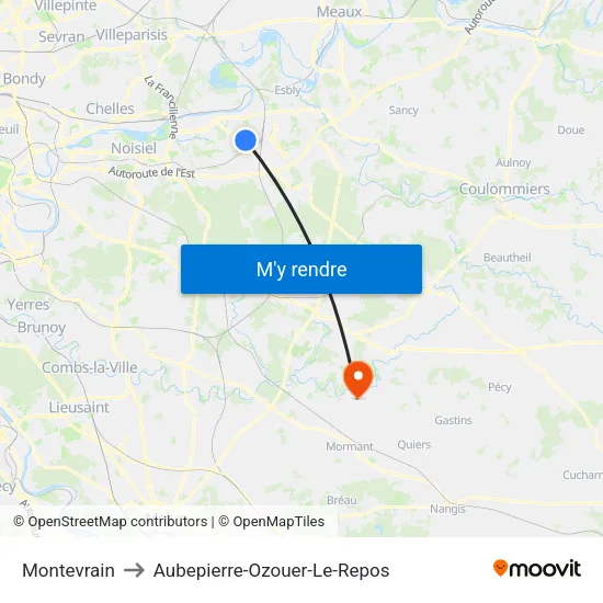 Montevrain to Aubepierre-Ozouer-Le-Repos map