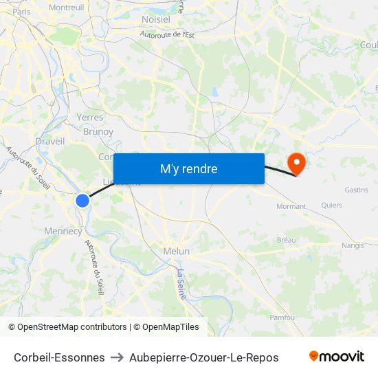 Corbeil-Essonnes to Aubepierre-Ozouer-Le-Repos map