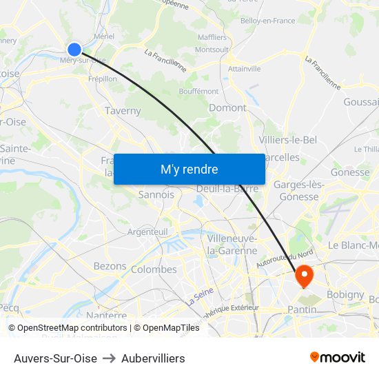 Auvers-Sur-Oise to Aubervilliers map